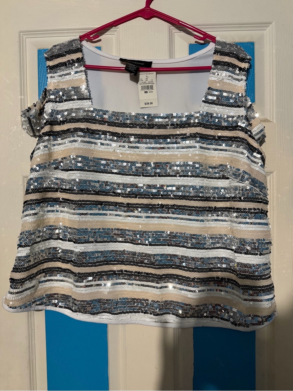 Ashley Stewart White and Silver Striped Sequin Camisole